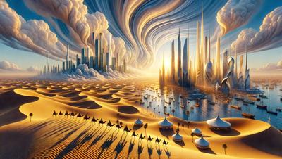 The primary subject of the image is a desert scene with a group of camels walking across the sand. The setting is a desert landscape with a city skyline in the background. The visual style is a combination of digital art and illustration, creating a vibrant and detailed scene. The colors and mood of the image are warm and inviting, with the sun shining brightly in the sky.